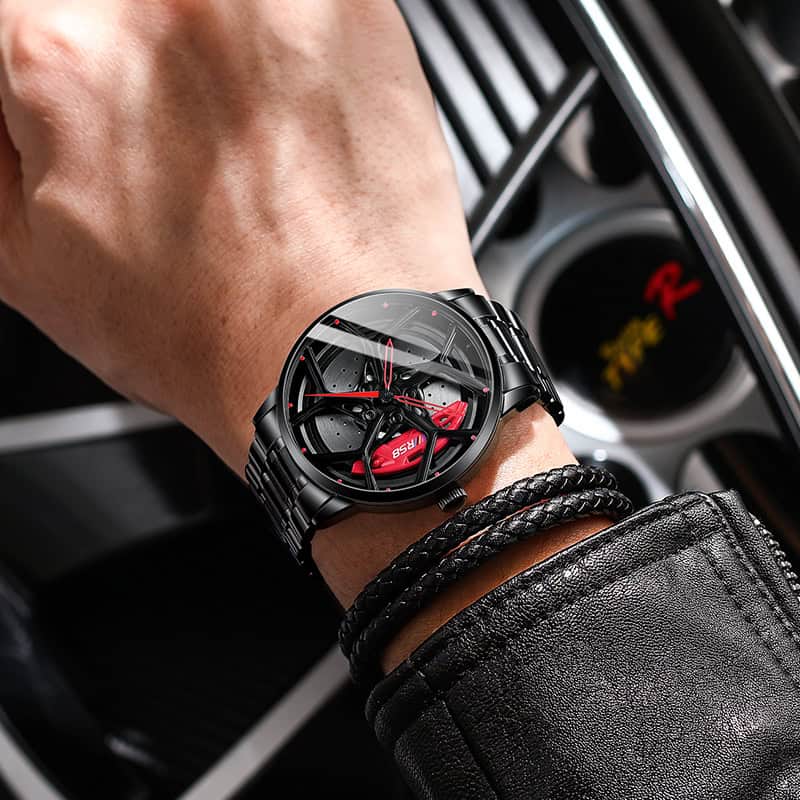 Luxury black wristwatch with red accents on man's wrist, close-up shot in car interior for Monalisa Store opt, luxury accessories for men and women, stylish timepiece, high-end watch collection.