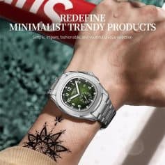 Modern stainless steel wristwatch with green dial and chronograph features, styled for trendy minimalism.