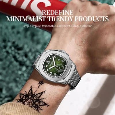 Modern stainless steel wristwatch with green dial and chronograph features, styled for trendy minimalism.