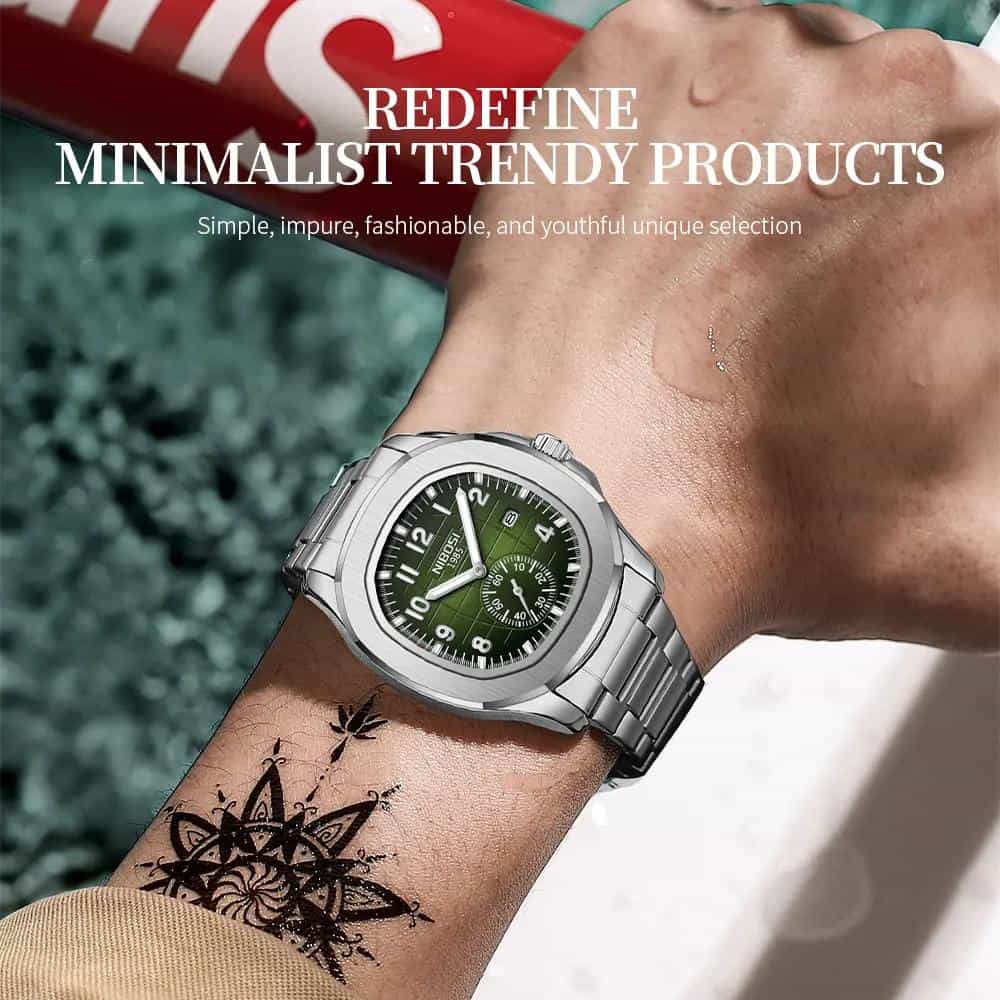 Modern stainless steel wristwatch with green dial and chronograph features, styled for trendy minimalism.