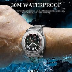 Waterproof men's watch with stainless steel band, suitable for rain exposure, hand washing, and facial cleansing, featuring 30M waterproof performance and precise timekeeping.