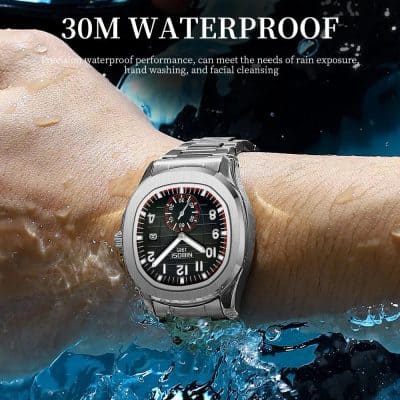 Waterproof men's watch with stainless steel band, suitable for rain exposure, hand washing, and facial cleansing, featuring 30M waterproof performance and precise timekeeping.