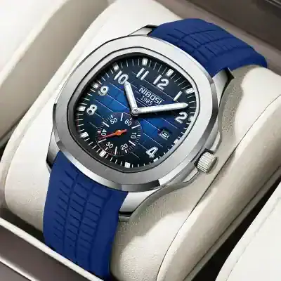 Stainless steel and blue rubber strap men's luxury watch with chronograph function.