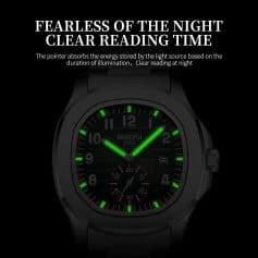 Luminous men's watch with green glow on dial, modern design, and durable stainless steel case for luxury watches collection.