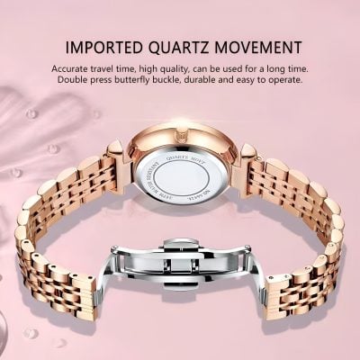 Imported quartz movement watch with rose gold and silver band, high precision and durable design, perfect for long-term wear. Suitable for stylish, functional fashion accessories.