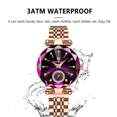 Luxurious rose gold wristwatch with a purple gemstone dial and crystal accents, water-resistant 3ATM, perfect for elegant fashion and everyday wear.