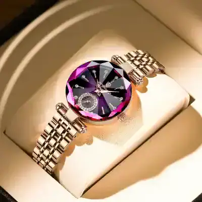 Luxury purple gemstone wristwatch with diamond accents and a metal band, displayed on a beige cushioned watch holder at Monalisa Store for upscale jewelry collection.