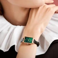 Luxury women's wristwatch with a green dial, gold case, and black leather strap, stylish accessory from Monalisa Store.