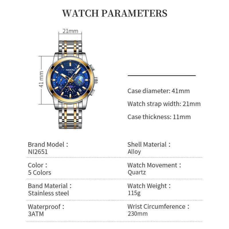 Silver and gold men's luxury wristwatch with blue dial, stainless steel band, chronograph features, waterproof design, and quartz movement for stylish timekeeping.
