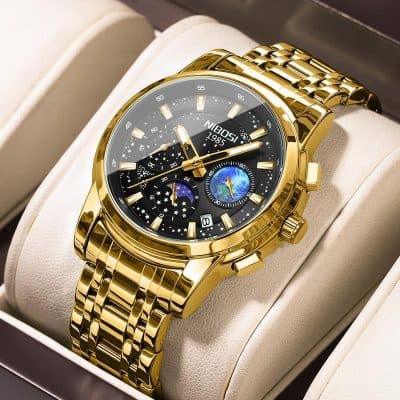 Luxurious gold wristwatch with multiple sub-dials and a sleek black face, displayed on a cushioned watch holder at Monalisa Store. Perfect for sophisticated watch collectors and enthusiasts.