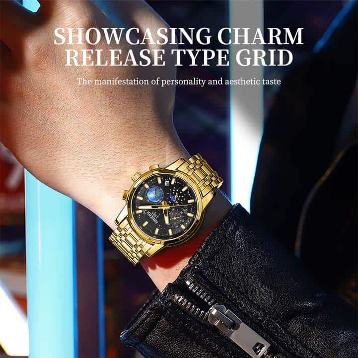 Luxury gold wristwatch with intricate dial design, perfect for fashion-conscious individuals and accessory lovers showcasing style and personality.