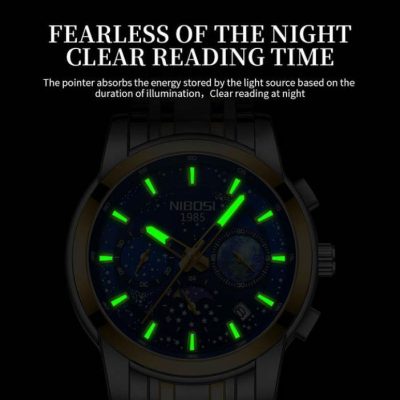 Luminous watch face with night reading indicator and glowing green markers, showcasing a stylish and functional multi-dial design.