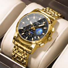 Luxury gold men's wristwatch with chronograph and moon phase display at Monalisa Store.