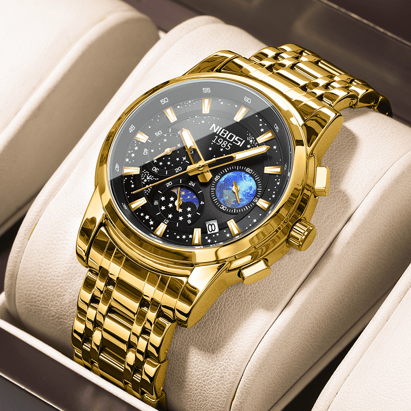 Luxury gold men's wristwatch with chronograph and moon phase display at Monalisa Store.