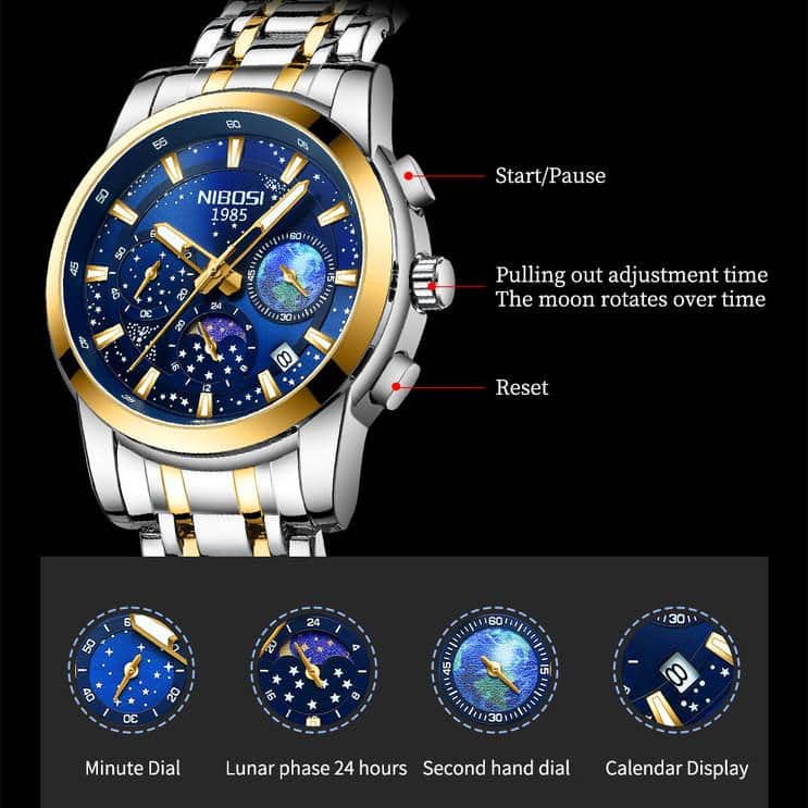 Nibosi luxury men's wristwatch with chronograph, moon phase display, and calendar features. Perfect for stylish and functional watches. Ideal for men seeking premium timepieces at Monalisa Store.