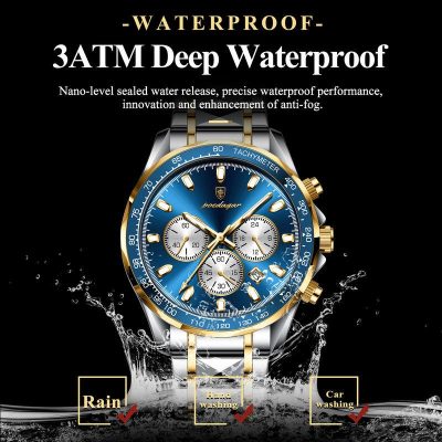 Waterproof wristwatch with gold and silver details, suitable for rain, hand washing, and car washing, featuring deep waterproof capabilities and a tachymeter scale.