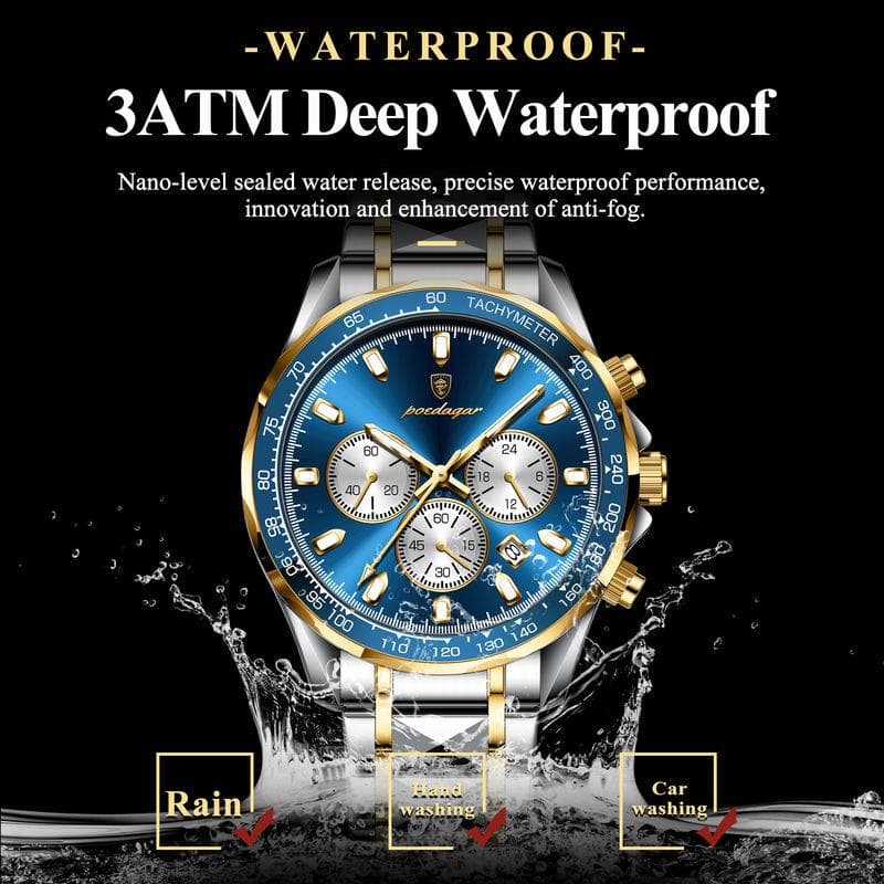 Waterproof wristwatch with gold and silver details, suitable for rain, hand washing, and car washing, featuring deep waterproof capabilities and a tachymeter scale.