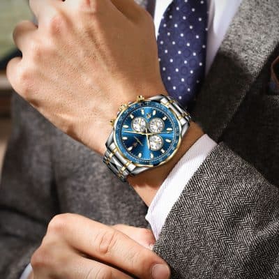 Luxurious men's wristwatch with blue dial, gold accents, and chronograph features, showcasing a sophisticated style for modern professionals at Monalisa Store.