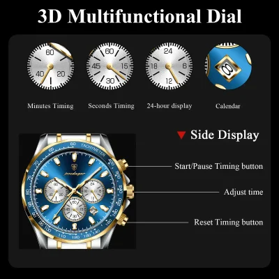 Luxury blue and gold multifunctional watch featuring 3D dial, chronograph, and adjustable settings for precise time management at Monalisa Store.