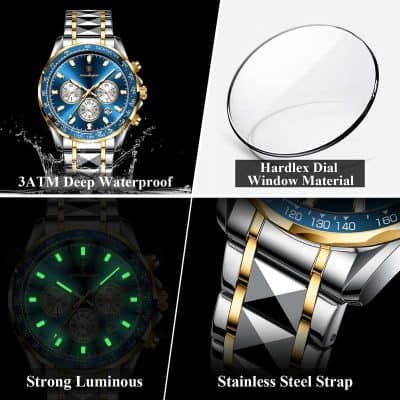 Blue luxury watch with gold accents, waterproof up to 3ATM, featuring a strong luminous display, durable hardlex dial window, and stylish stainless steel strap. Perfect for elegant and active lifestyles.