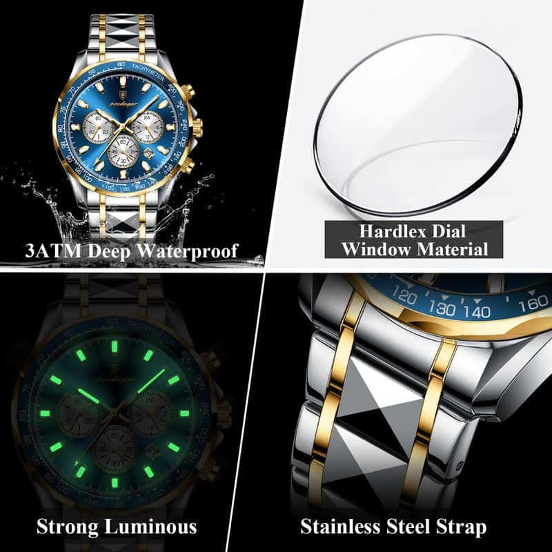 Blue luxury watch with gold accents, waterproof up to 3ATM, featuring a strong luminous display, durable hardlex dial window, and stylish stainless steel strap. Perfect for elegant and active lifestyles.