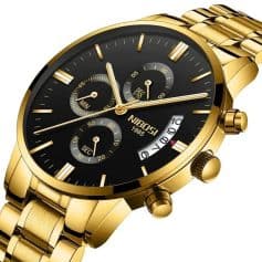 Luxurious gold men's wristwatch with black dial, chronograph, and date display, ideal for elegant occasions and daily wear, available at Monalisa Store for high-quality timepieces.