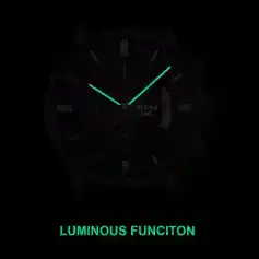 Shiny black wristwatch with luminous glow-in-the-dark hands and markers, ideal for nighttime visibility.