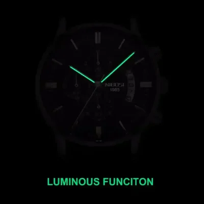 Shiny black wristwatch with luminous glow-in-the-dark hands and markers, ideal for nighttime visibility.