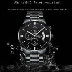 Stainless steel men's watch with water-resistant up to 30m, featuring chronograph functions and a sleek black dial, perfect for daily wear and water-related activities.