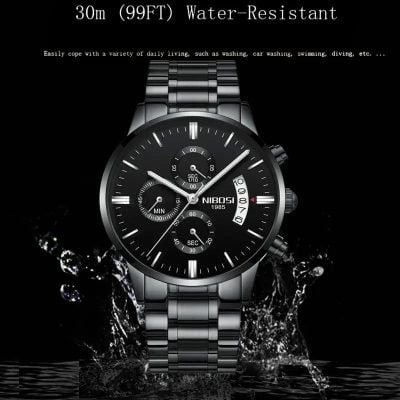 Stainless steel men's watch with water-resistant up to 30m, featuring chronograph functions and a sleek black dial, perfect for daily wear and water-related activities.