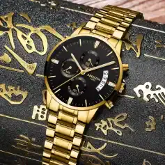 Luxurious gold men's wristwatch with black dial, chronograph features, and date display from Monalisa Store for premium watch collection.