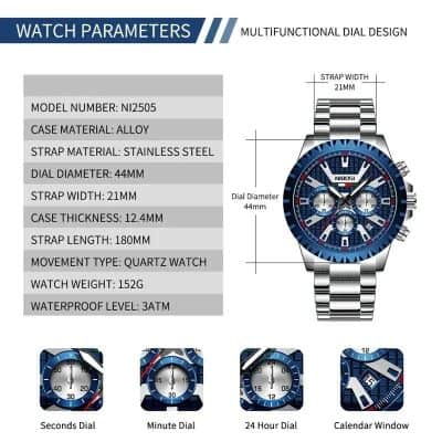 High-quality stainless steel sports watch with multifunctional dial, chronograph features, and water resistance up to 3 ATM, perfect for casual or formal wear.