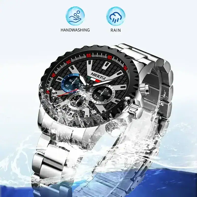 Water-resistant men's wristwatch, durable metal band, sporty design with chronograph features, suitable for active lifestyles and outdoor activities.