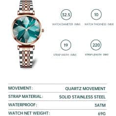 Elegant women's wristwatch with rose gold and stainless steel strap, featuring a stylish blue dial and quartz movement, perfect for luxury fashion and everyday wear.