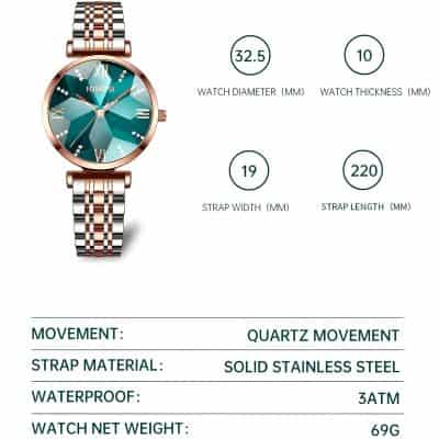 Elegant women's wristwatch with rose gold and stainless steel strap, featuring a stylish blue dial and quartz movement, perfect for luxury fashion and everyday wear.