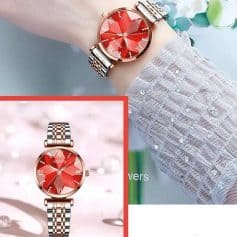 Red gemstone wristwatch with stainless steel band, suitable for fashion-forward women, available at Monalisa Store.