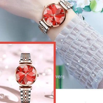 Red gemstone wristwatch with stainless steel band, suitable for fashion-forward women, available at Monalisa Store.