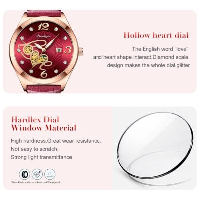 Shiny red and gold wristwatch with decorative heart and diamond accents, stylish timepiece for women.