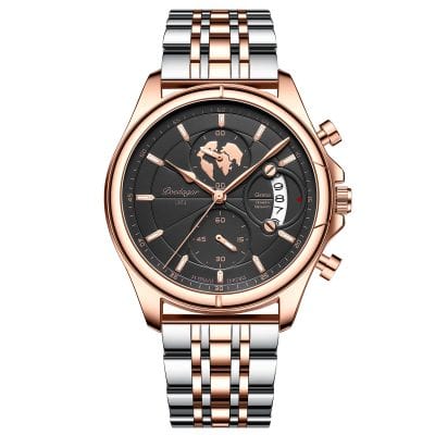 Luxurious rose gold and stainless steel men's watch with black dial and multiple chronograph features, perfect for stylish and premium timepieces enthusiasts.