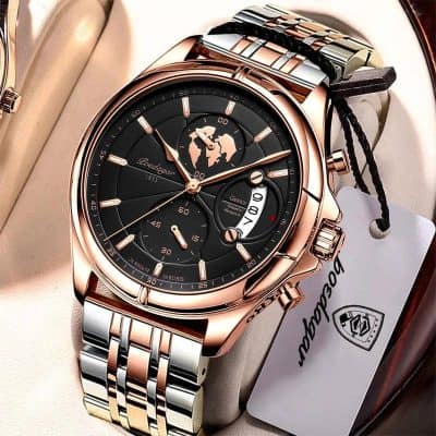 Luxurious men's wristwatch with a black dial, rose gold case, and two-tone metal bracelet, featuring multiple sub-dials and date display, ideal for upscale fashion and sophisticated timing.