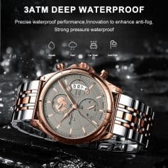 Luxurious men's waterproof wristwatch with rose gold and stainless steel band, showcasing advanced waterproof performance ideal for car wash, cold bath, rain, and splash protection.