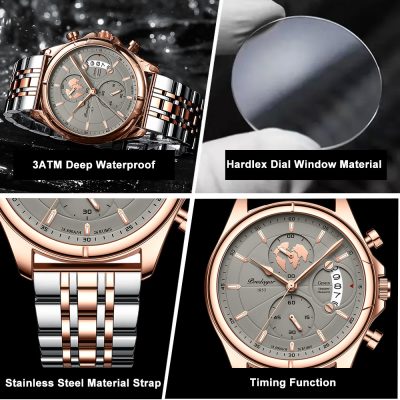 Luxury men's chrono watch with 3 ATM deep waterproof and stainless steel strap, featuring Hardlex dial window material and precise timing function for elegant style.