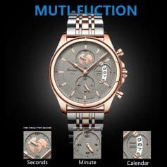Luxurious multi-function wristwatch with world time, dual time zone, and date display, featuring rose gold accents, stainless steel band, and precise chronograph functionality for men and women.