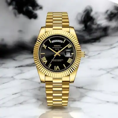 Luxury gold men's wristwatch with black dial, date display, and day indicator, perfect for elegant style and timekeeping.