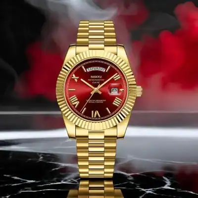 Luxury gold wristwatch with red dial, Roman numerals, and date display, stylish men's watch for fashion and elegance at Monalisa Store.