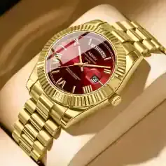 Luxurious gold wristwatch with red dial, day and date display, water-resistant, ideal for fashion and formal wear, available at Monalisa Medical Store, perfect for watch collectors.