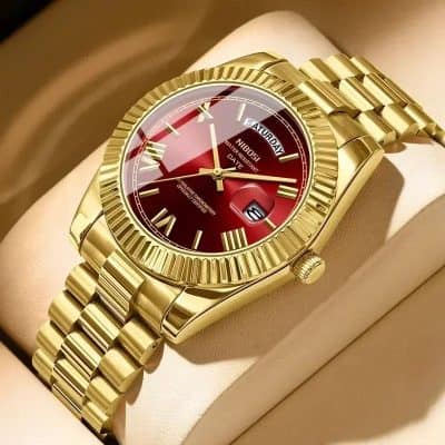 Golden luxury wristwatch with red dial and day-date display, perfect for elegant accessories at Monalisa Medical Jewelry Store.