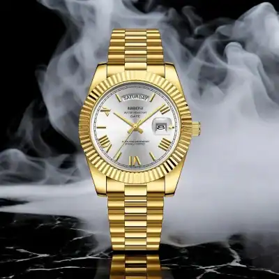 Luxury gold wristwatch with silver dial and Roman numerals, water resistant, date display, stylish mens accessory, Monalisa Store.