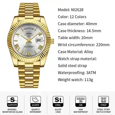 Luxury gold-plated wristwatch with Roman numerals, date display, and water resistance, perfect for elegant styles and formal occasions.