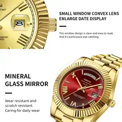 Gold watch with red dial and gold band, luxury wristwatch for men, Monalisa Store.